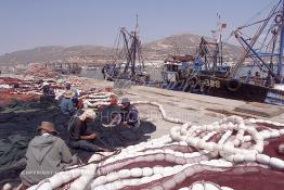 Image du Maroc Professionnelle de  Quelques ouvriers s'activent à réparer les filets de pêche sur un des quais au port d'Agadir, ville située au sud du Maroc, Vendredi 23 Août 2002. (Photo / Abdeljalil Bounhar)

 